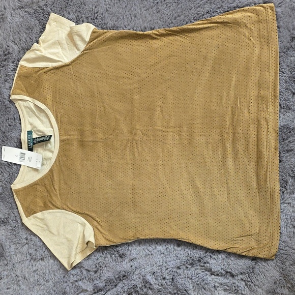 LRL perforated Camel Tan Perforated suede style T-shirt size L - Picture 1 of 12